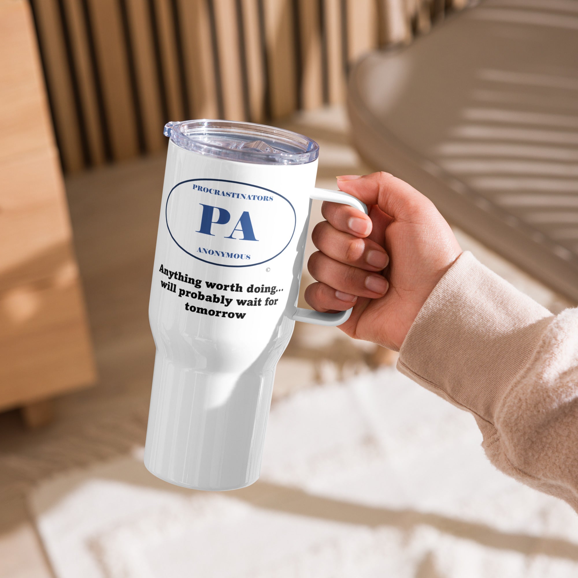 Tomorrow Travel mug with a handle